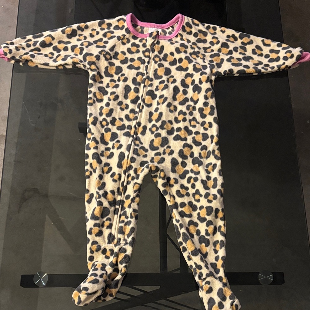 Leopard Print Kids Footed Onesie with Pink Trim